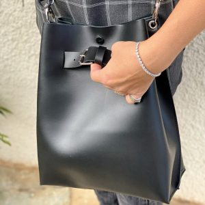 Black Leather Handbag Women Bucket Bag Crossbody Shopping