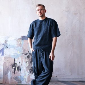 Mens Linen T Shirt Oversized Black Wide Sleeve