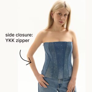 Upcycled Denim Corset Top: Steel Boned Rhinestone Bustier