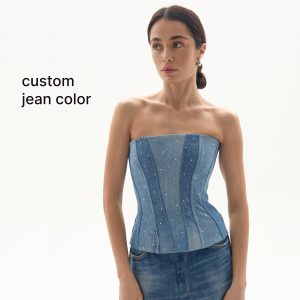 Upcycled Denim Corset Top: Steel Boned Rhinestone Bustier