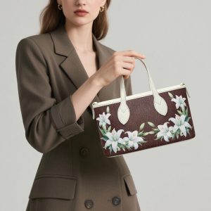 Floral Lily Handbag: Brown Pu Leather Tote Elegant