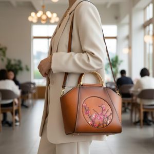 Cherry Blossom Cowhide Handbag Vintage Brown Leather Top