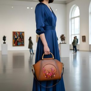 Cherry Blossom Cowhide Handbag Vintage Brown Leather Top